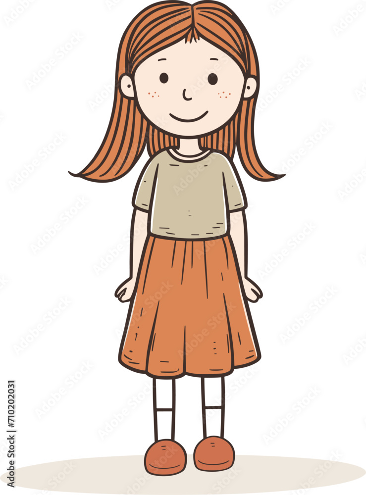 Caucasian redhead girl standing smiling in casual clothes. Happy child, cute cartoon character, kids fashion vector illustration. Caucasian redhead girl standing smiling in casual clothes. Happy child, cute cartoon character, kids fashion vector illustration.