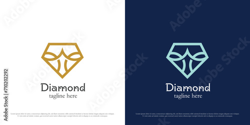 Blue diamond logo design illustration. Silhouette line art linear jewelry shop beauty fashion lifestyle gold crystal gem. Flat icon symbol simple minimal minimalist elegant luxury magnificent majesty.