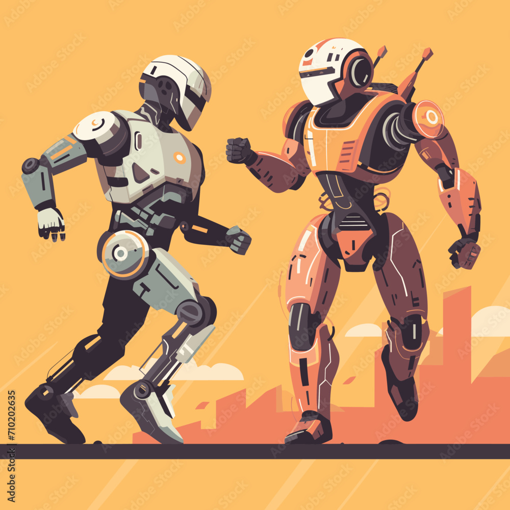 Two futuristic robots running, one white and one orange, in a race against a city skyline backdrop. Athletic robots competition concept vector illustration. Two futuristic robots running, one white and one orange, in a race against a city skyline backdrop. Athletic robots competition concept vector illustration.