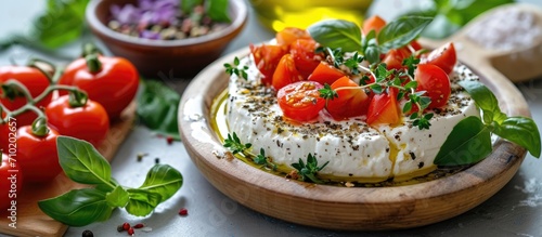 Middle Eastern appetizer with goat milk cheese, olive oil, hyssop or zaatar, served with fresh vegetables on a wooden plate. photo