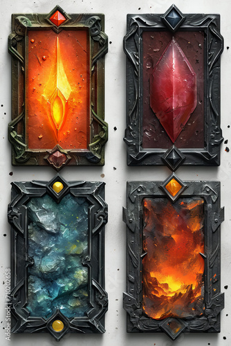 Portals, illustration of a game sprite sheet featuring four card backs for a fantasy themed card asset isolated on a solid background