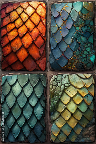 Dragon scales, illustration of a game sprite sheet featuring four card backs for a fantasy themed card asset isolated on a solid background