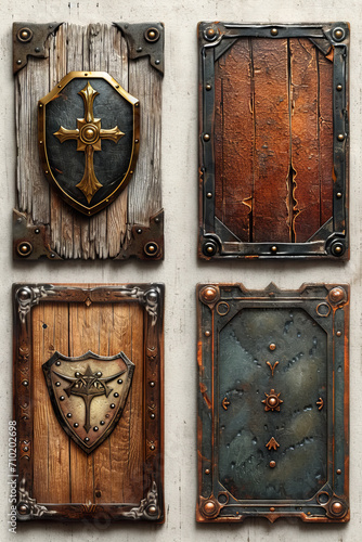 Shields, illustration of a game sprite sheet featuring four card backs for a fantasy themed card asset isolated on a solid background