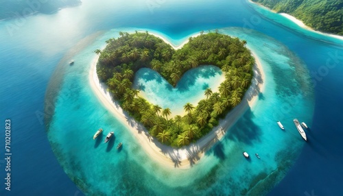 Top wiev exotic island in the shape of a heart. Travel concept 