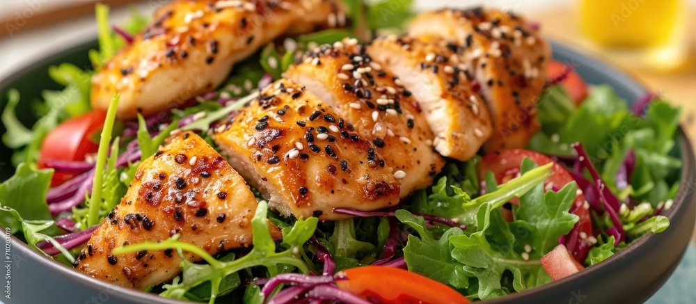Everything Bagel seasoned chicken tenders on a bed of fresh salad greens. Everything Bagel seasoned chicken tenders on a bed of fresh salad greens.