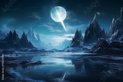Night mountain landscape with stone portals to another realm. Cold planet scenery with moonlight reflecting in the water. Generative AI