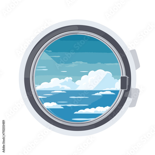 Airplane window view showing clouds and blue sky. Cartoon style porthole with serene sky scene. Travel and aviation concept vector illustration. © Vectorvstocker