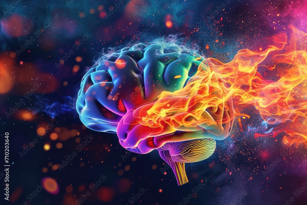 Obraz premium Neuropathic pain within cranium. Neuroprosthetic advancements and neurorobotic. Neural stem cell therapy grey matter. Realm of neurophenomenology Noggin Colorful Brain Smoke Aid Axon neurofeedback