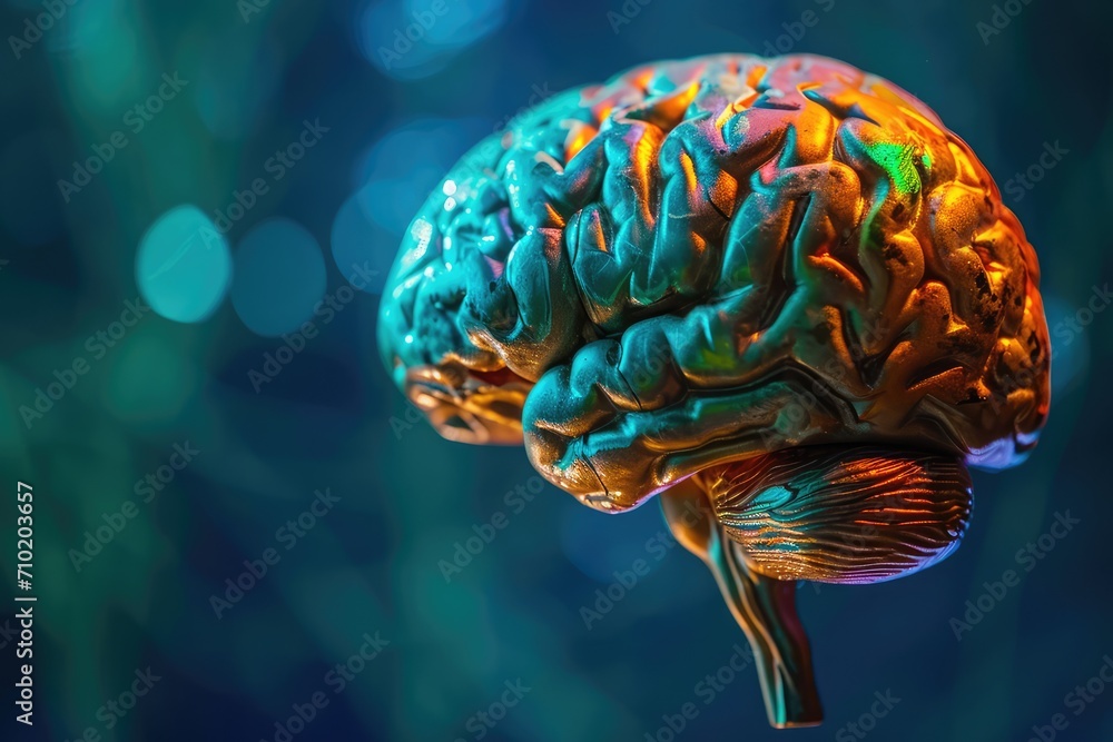Obraz premium Neuropathic pain within cranium. Neuroprosthetic advancements and neurorobotic. Neural stem cell therapy grey matter. Realm of neurophenomenology Noggin Colorful Brain Smoke Aid Axon neurofeedback