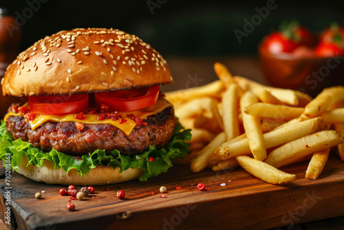 Burger and fries combo, a classic image featuring a delicious burger paired with golden crispy fries.