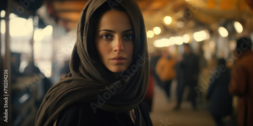 Beautiful Muslim Woman in Hijab: Emanating Tradition, Beauty, and Joy Against a Modern Middle Eastern Background
