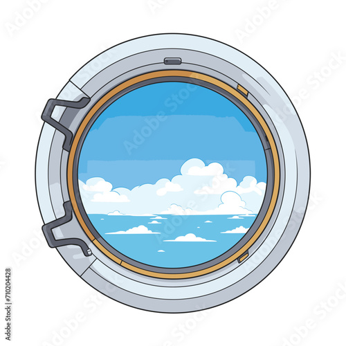 Airplane window view showing clouds and blue sky. Cartoon style porthole with serene sky scene. Travel and aviation concept vector illustration.