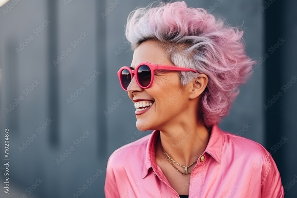 Portrait of a beautiful young woman with pink hair and sunglasses smiling