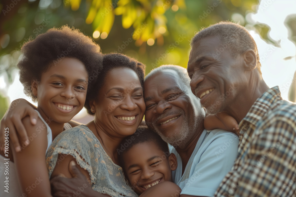 An African American family celebrating outside the house, at sunset.