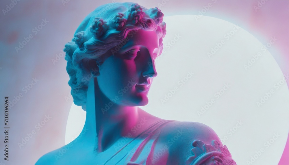Gypsum statue of Apollo's bust. Statue vapor wave background concept.
Gypsum statue of Apollo's bust. Statue vapor wave background concept.