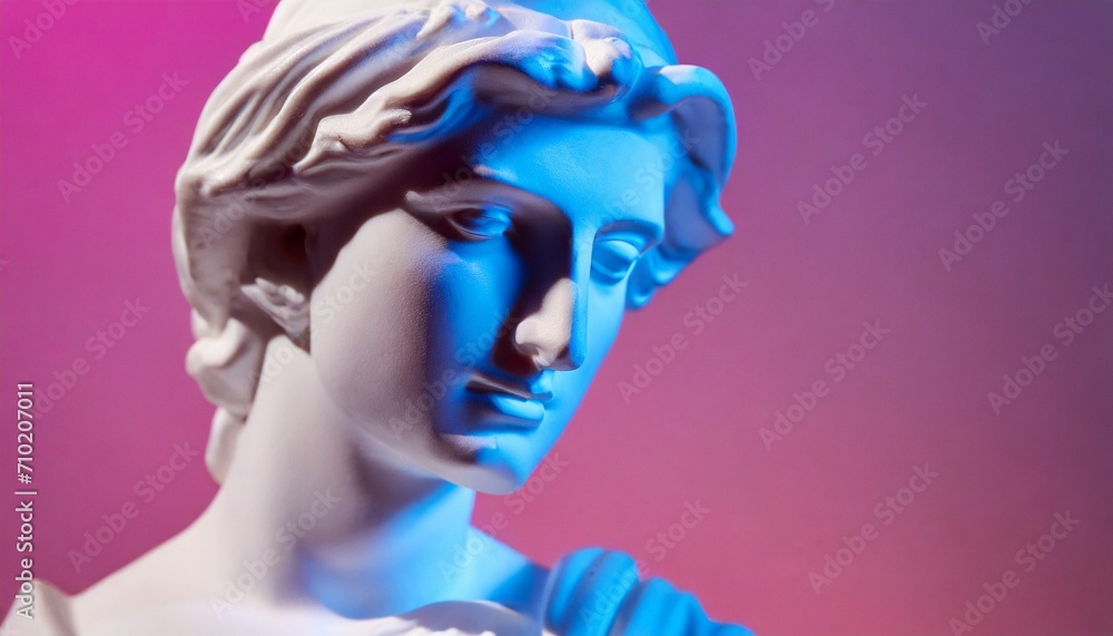 Gypsum statue of Apollo's bust. Statue vapor wave background concept.	

