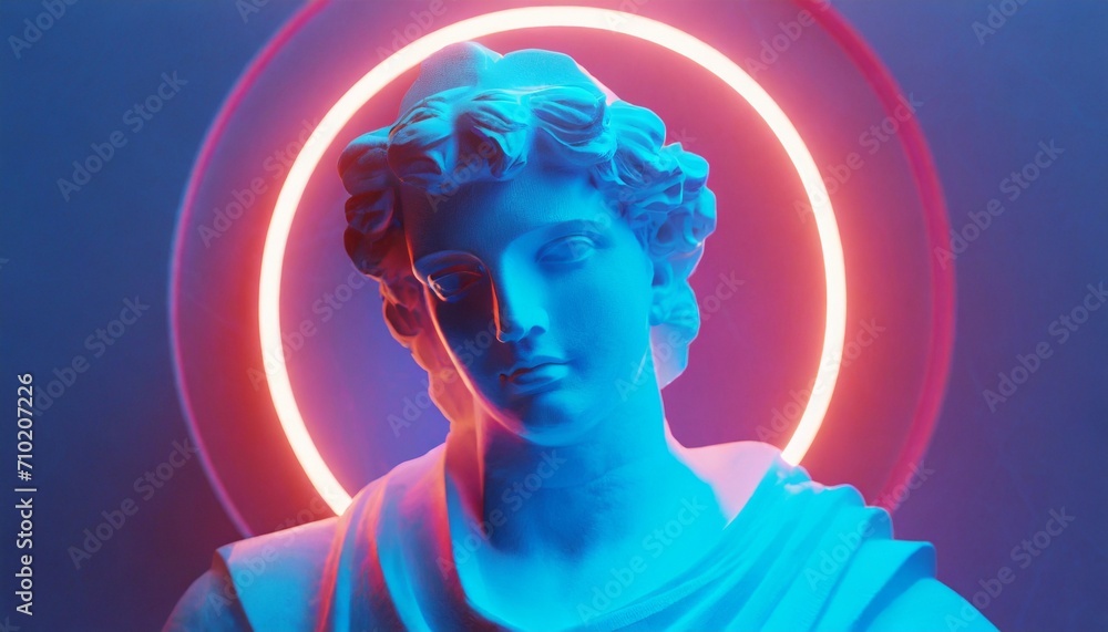Obraz premium Gypsum statue of Apollo's bust. Statue vapor wave background concept. 