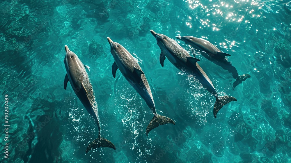 Obraz premium Photo of four dolphins swimming gracefully through turquoise waters. The water is so clear that the bodies of the dolphins are visible from above the surface Ai Generated