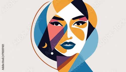 Abstract woman face colorful. Feminine abstraction poster in colorful pallette. Creative geometric female pattern in cubism style. © adobedesigner