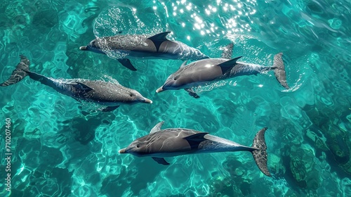 Photo of four dolphins swimming gracefully through turquoise waters. The water is so clear that the bodies of the dolphins are visible from above the surface Ai Generated