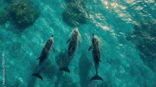 Photo of four dolphins swimming gracefully through turquoise waters. The water is so clear that the bodies of the dolphins are visible from above the surface Ai Generated © Jennifer