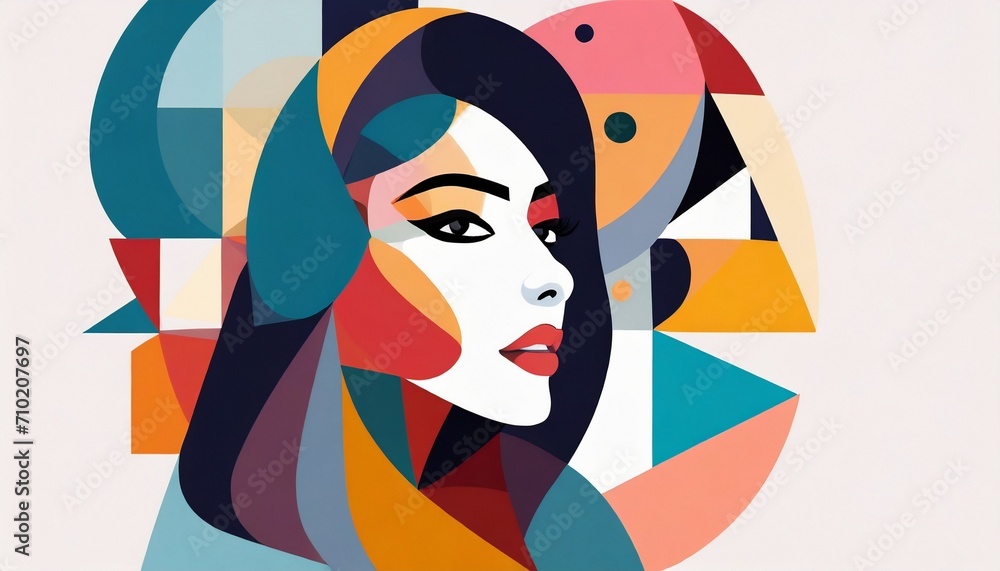 Abstract woman face colorful. Feminine abstraction poster in colorful pallette. Creative geometric female pattern in cubism style.