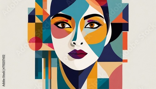 Abstract woman face colorful. Feminine abstraction poster in colorful pallette. Creative geometric female pattern in cubism style. © adobedesigner