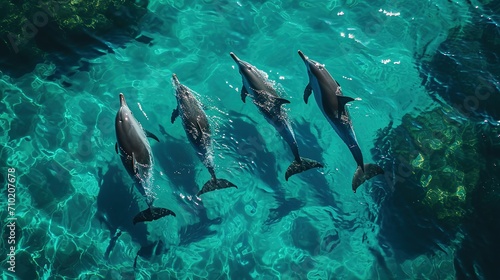 Photo of four dolphins swimming gracefully through turquoise waters. The water is so clear that the bodies of the dolphins are visible from above the surface Ai Generated © Jennifer