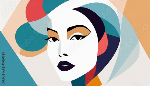 Abstract woman face colorful. Feminine abstraction poster in colorful pallette. Creative geometric female pattern in cubism style.  © adobedesigner