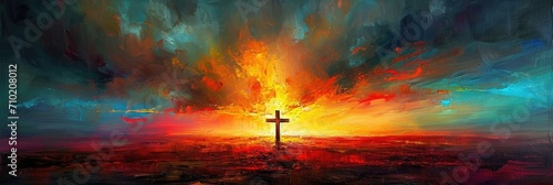 Divine Horizon: A Symbolic Cross Painting With Sunlit Sky