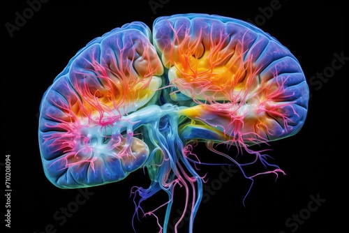 Scientific PET axon scan, revealing metabolic activity. Blood-brain barrier, neurodevelopment, gray and white matter. Mirror neurons, neurological disorders Alzheimer's, Parkinson's, and epilepsy photo