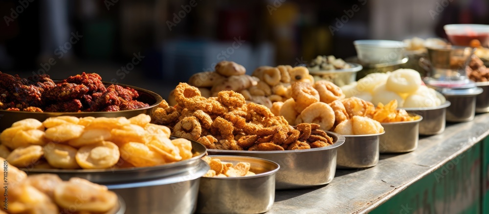 Snacks from India on a street counter.