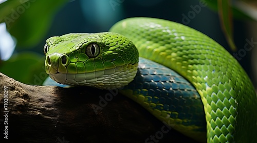 Vibrant green snake coiled on a lush jungle tree branch in detailed macro close up photography