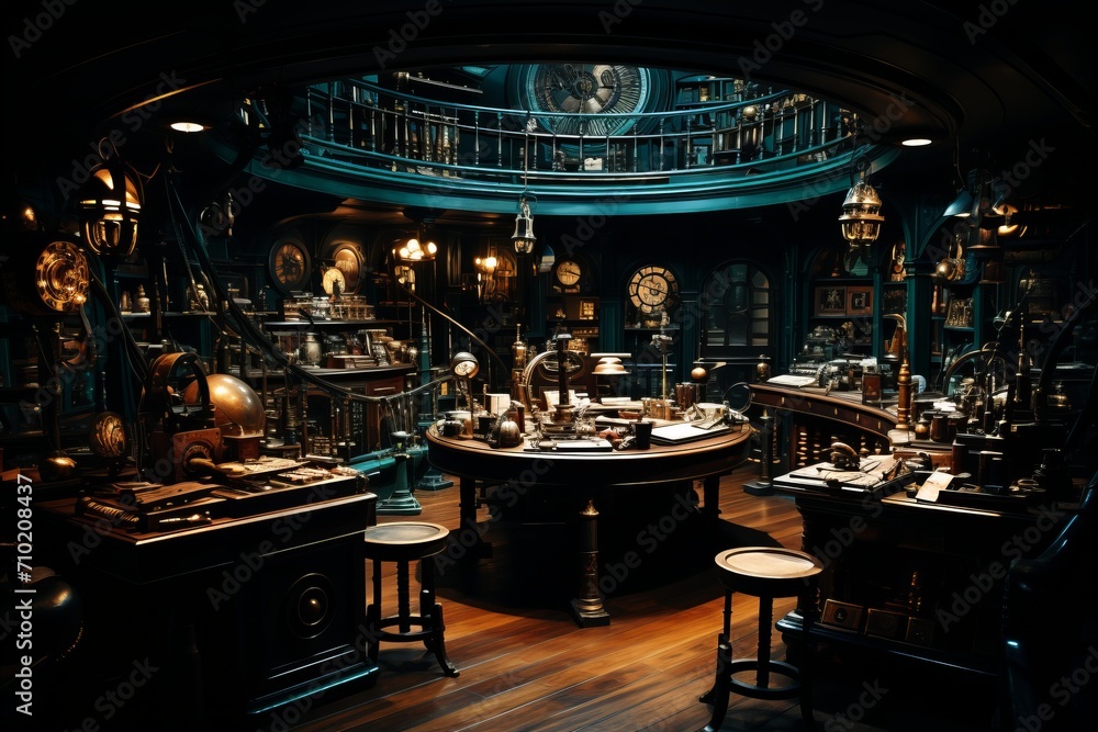 Enchanting steampunk laboratory with intricate brass machinery and glowing concoctions - obrazy, fototapety, plakaty 