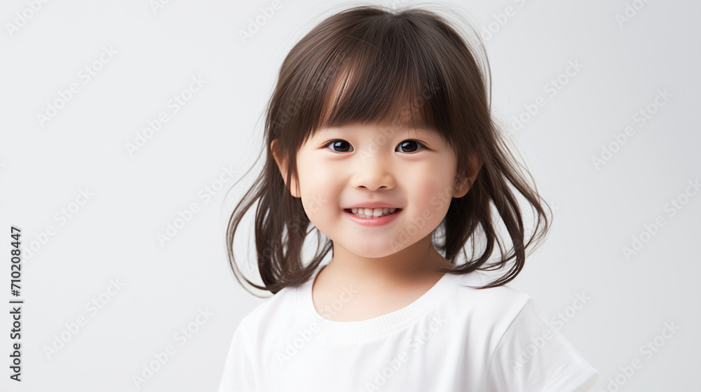 白い背景に白い服を着て微笑む小さな女の子のポートレート 白い背景に白い服を着て微笑む小さな女の子のポートレート
