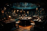 Enchanting steampunk laboratory with intricate brass machinery and glowing concoctions