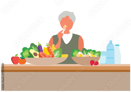 Healthy food for elderly  concept, old man eating healthy food. Healthy aging for seniors care vector illustration