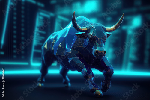 Metallic blue bull or bullish with market trend in crypto currency or stocks. Trade exchange background, up arrow graph for increase in rates.3d render illustration. © NeeArtwork