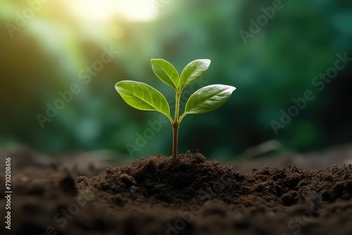 Young Plant Growing In Garden With Sunlight. Ature ecology and growth concept with copy space.