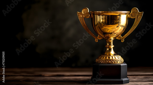 Vintage golden trophy cup on a rustic wooden table, perfect for engraving and customization