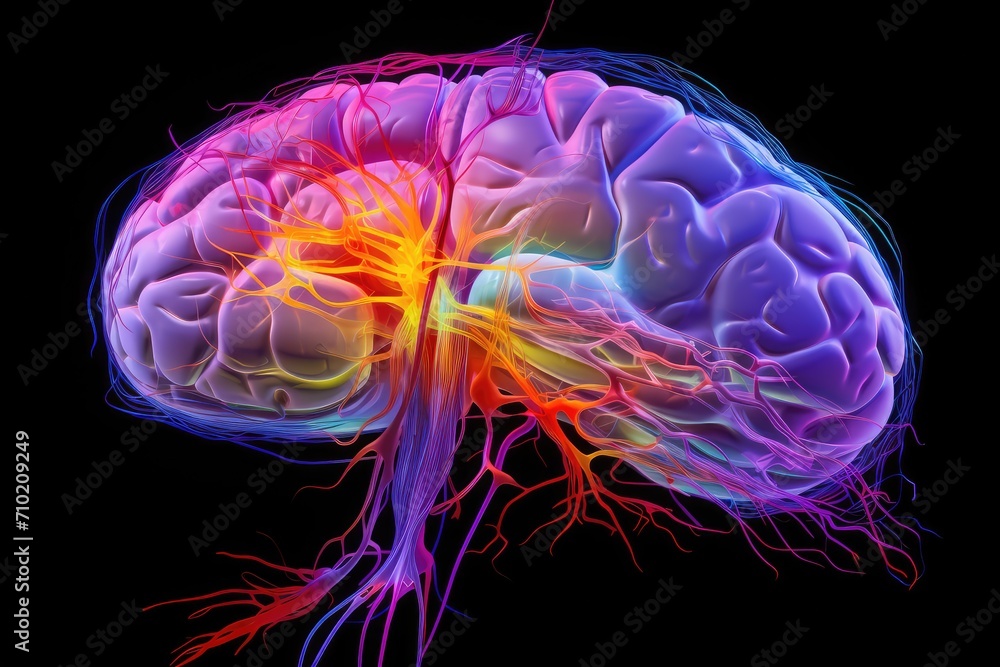 Obraz premium 3D Axon Science Brain regions: occipital lobe, Broca's and Wernicke's areas, corpus callosum, basal ganglia. Neurotransmitters include excitatory glutamate inhibitory GABA (Gamma-Aminobutyric Acid)