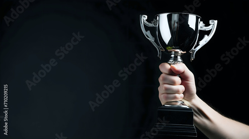 Holding up a silver trophy cup against a dark background