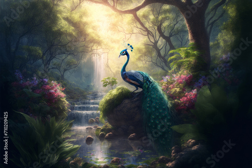 A peacock in a beautiful tropical setting by a waterfall. 