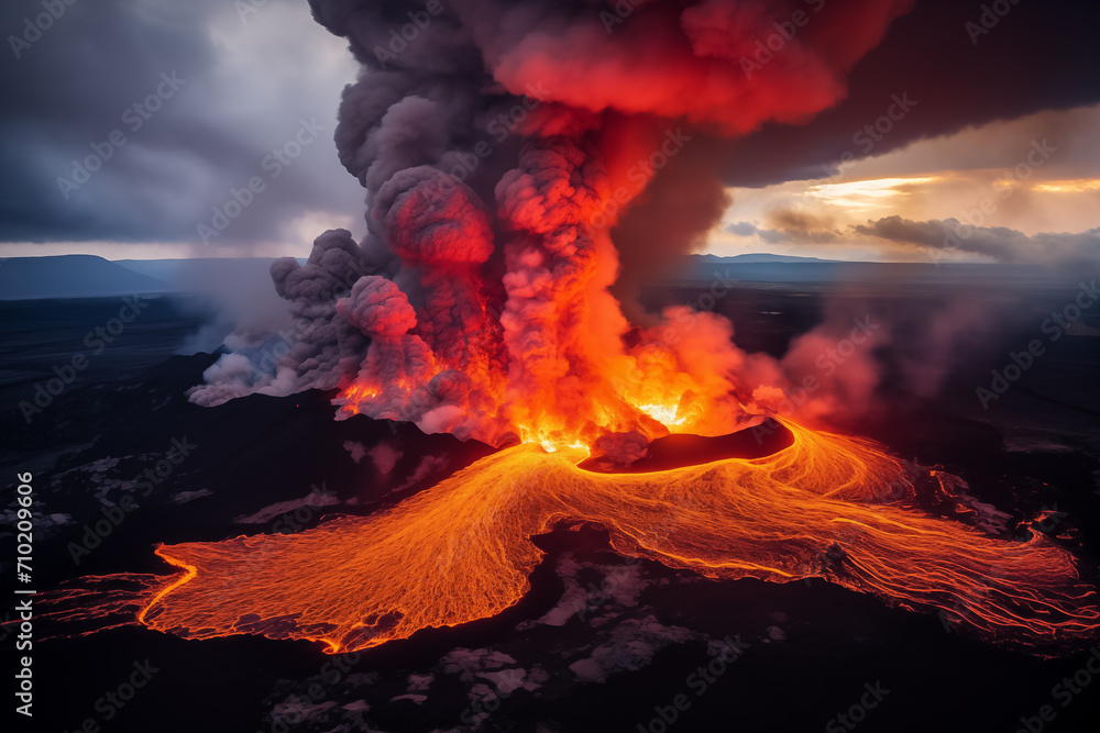 An active volcano spewing hot lava all around in Iceland. Fagradalsfjall Volcano