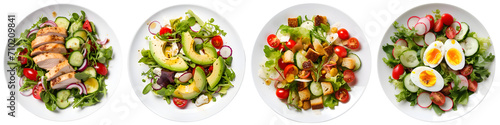 Rich plates of salad from green leaves mix and vegetables with avocado or eggs, chicken and shrimps isolated on transparent background.