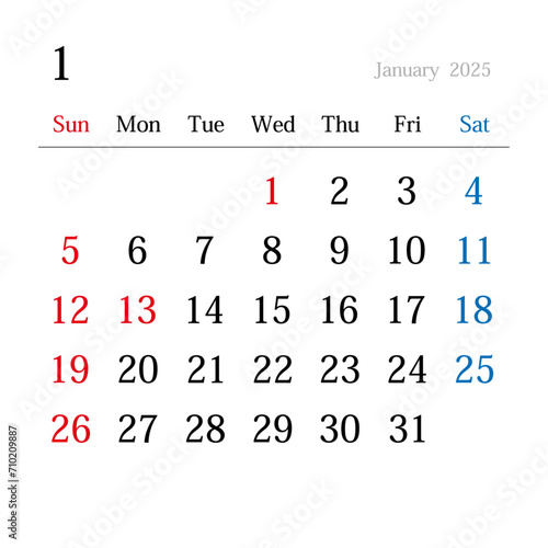 2025年1月、日本のカレンダー