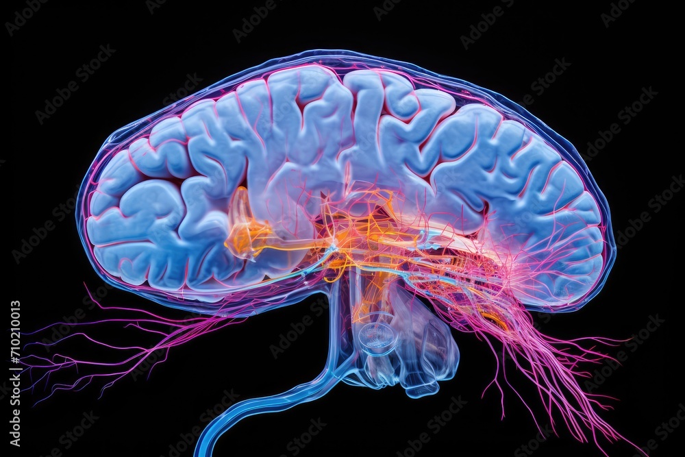 Obraz premium Colorful motley Brain Axon meninges and human mind skull. Neurocritical care, address neurobiology of addiction, neurocardiology, and neuroepigenetics. Neurodevelopmental neurovascular disorders. 