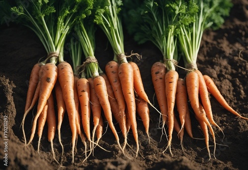 A bunch of fresh carrots with greens on the ground A large juicy unwashed carrots in the field again