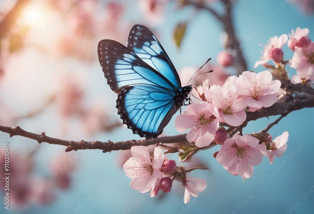 Beautiful blue butterfly in flight over branch of flowering apple tree in spring at Sunrise on light Beautiful blue butterfly in flight over branch of flowering apple tree in spring at Sunrise on light