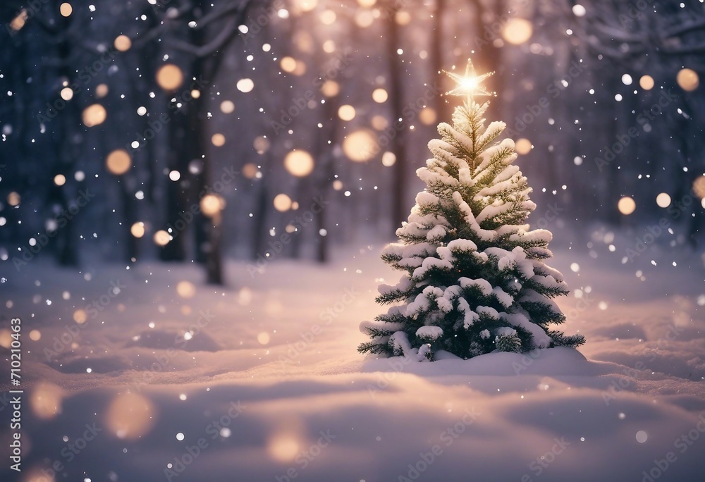Beautiful Christmas and New Years background with decorated Christmas tree in fluffy snowdrifts agai